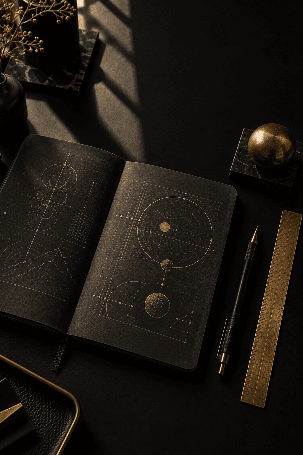 An open dark notebook with precise gold diagrams, a brass ruler, and a black pencil on a charcoal desk.